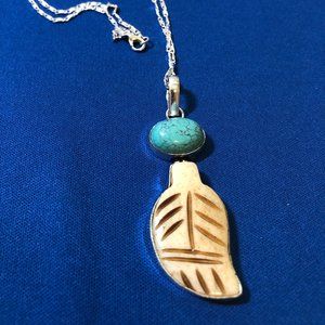 Hand-Carved Bon Turquoise 925 Stamped Sterling Silver Necklace.